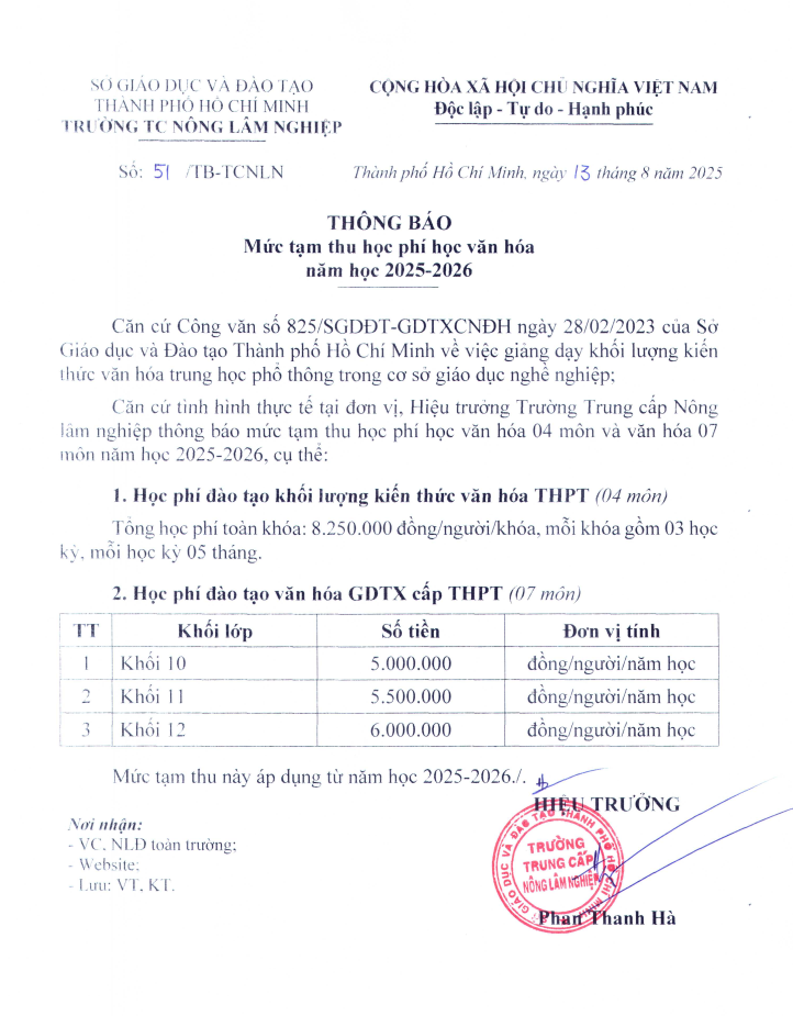 Thông báo mức tạm thu học phí học văn hóa năm học 2025-2026